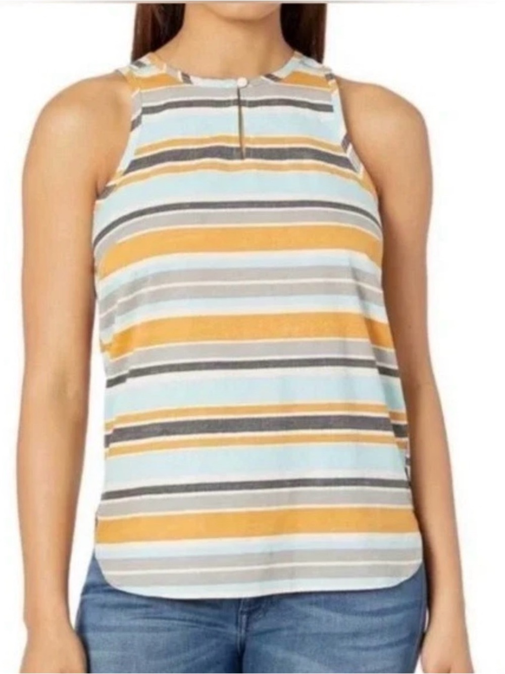 TNF Sleeveless Tank Top Keyhole Split Neckline Multi Horizontal Striped Women S